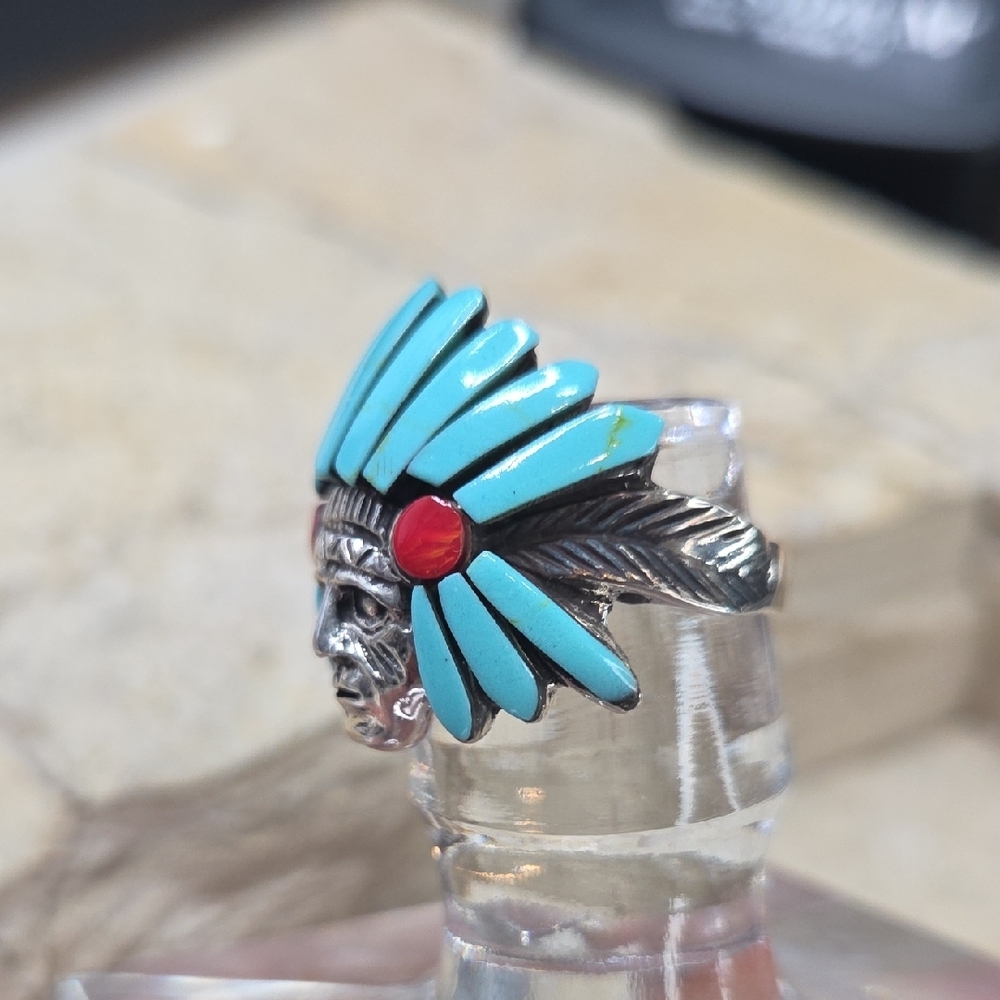925 Sterljng Silver Turquoise and Coral Native American Chief Ring - Picture 5 of 7
